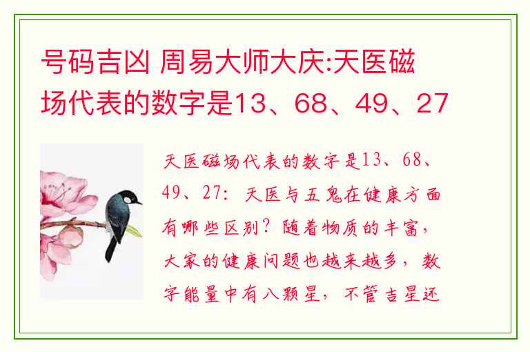 号码吉凶 周易大师大庆:天医磁场代表的数字是13、68、49、27